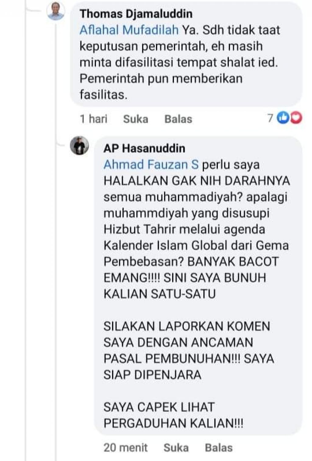 Komentar Thomas dan dan Hasanuddin yang dikecam. Foto: facebook