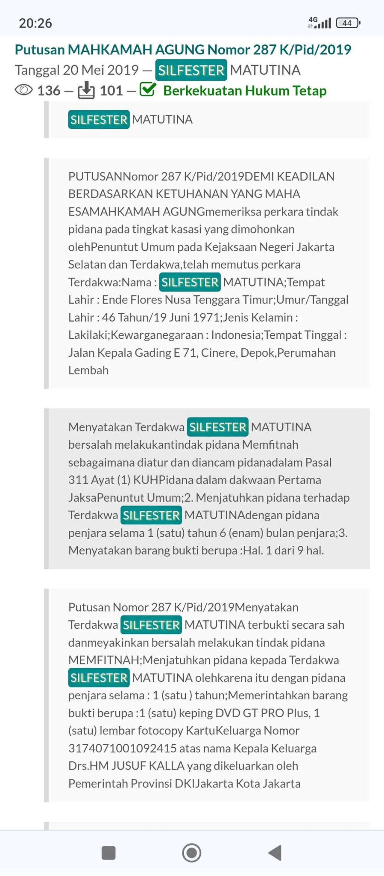 Putusan MA yang menunjukkan status Silfester. 