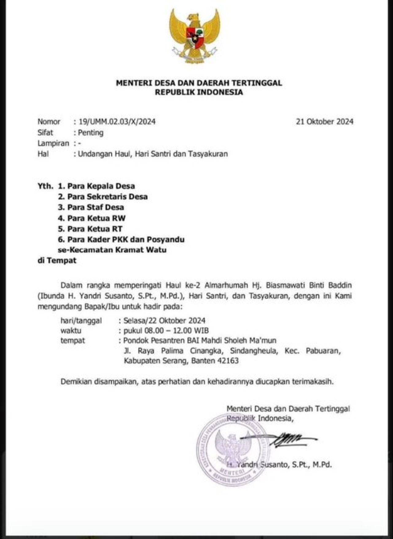 Surat undangan haul ibunda Menteri Yandri.