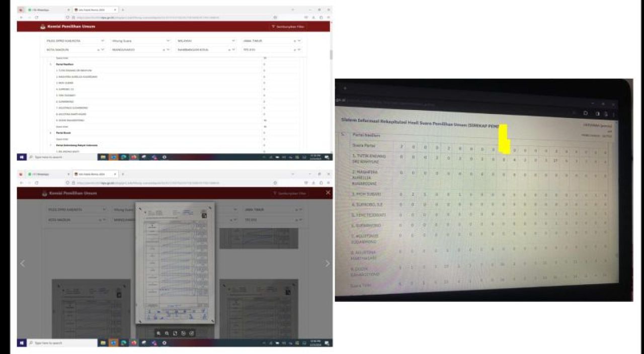 Salah satu contoh perolehan suara di Sirekap dengan webside resmi KPU RI tidak sama.