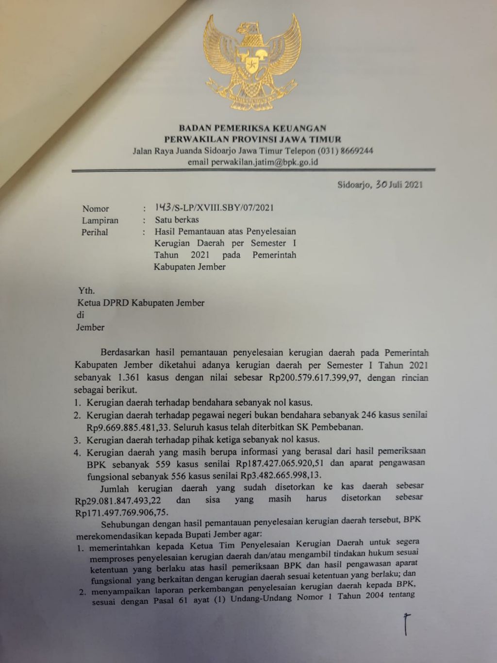 Isi surat dari BPK Jatim untuk DPRD Jember.
