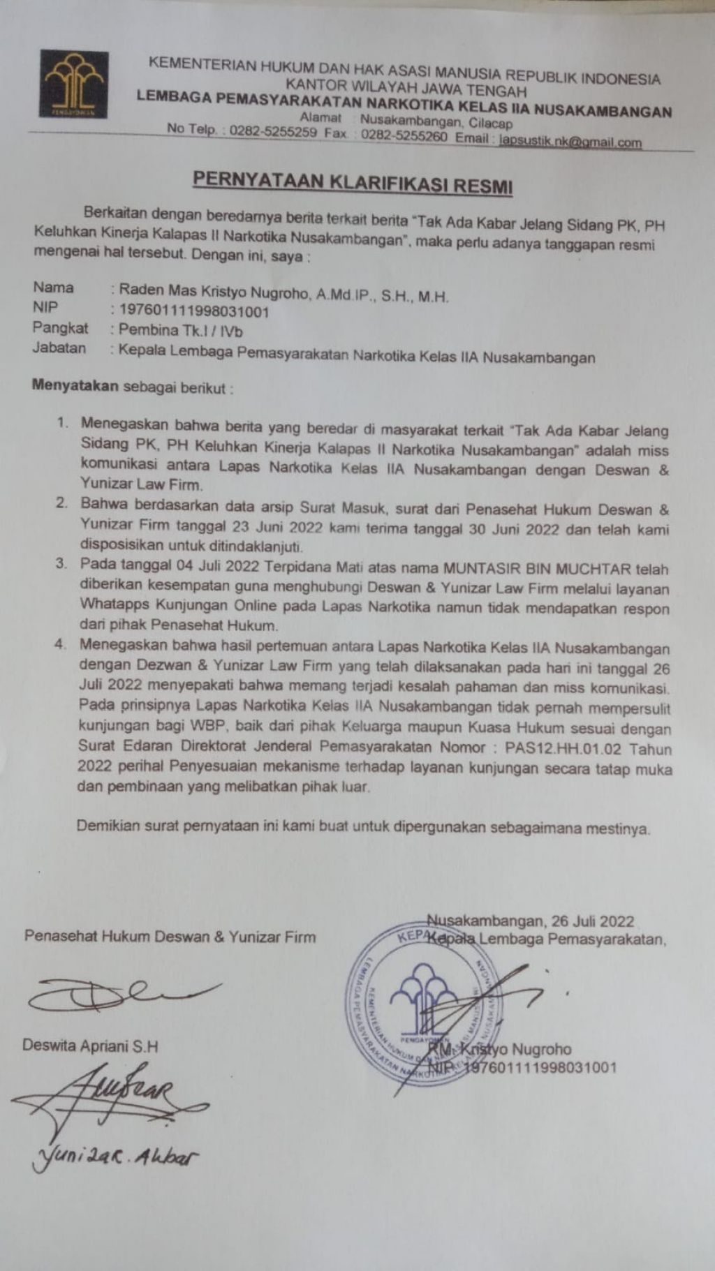 Klarifikasi resmi dari Kalapas II Nusakambangan.