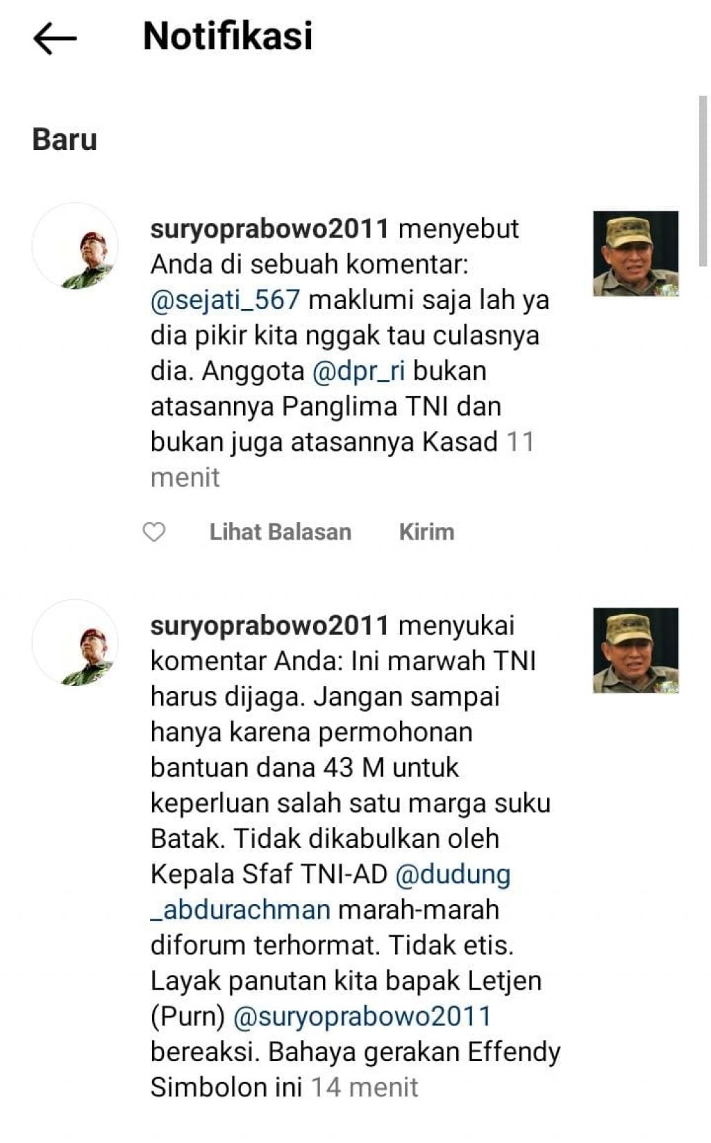 Postingan Letjen TNI (Purn) Johannes Suryo Prabowo