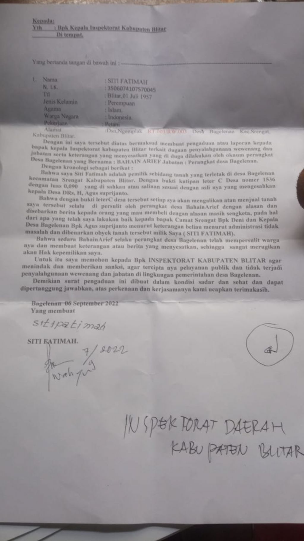 Surat pengaduan Siti ke Inspektorat.