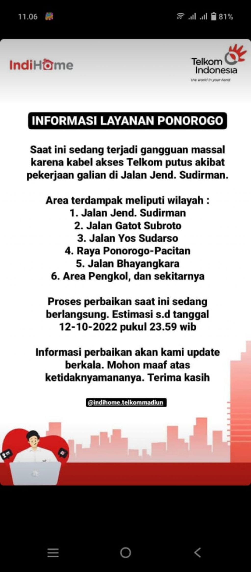 Pemberitahuan @indihome.telkommadiun terkait gangguan internet di Ponorogo