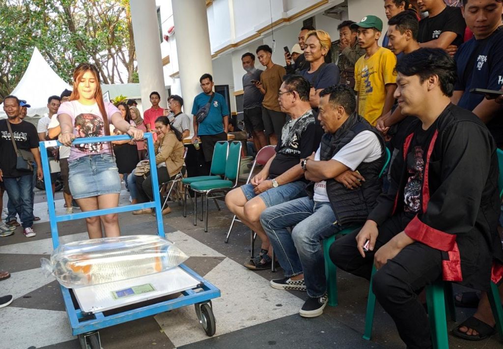 Bupati Ponorogo Sugiri Sancoko didampingi ketua panitia RKS Rizal Akbar saat sesi lelang koi impor dari jepang. 