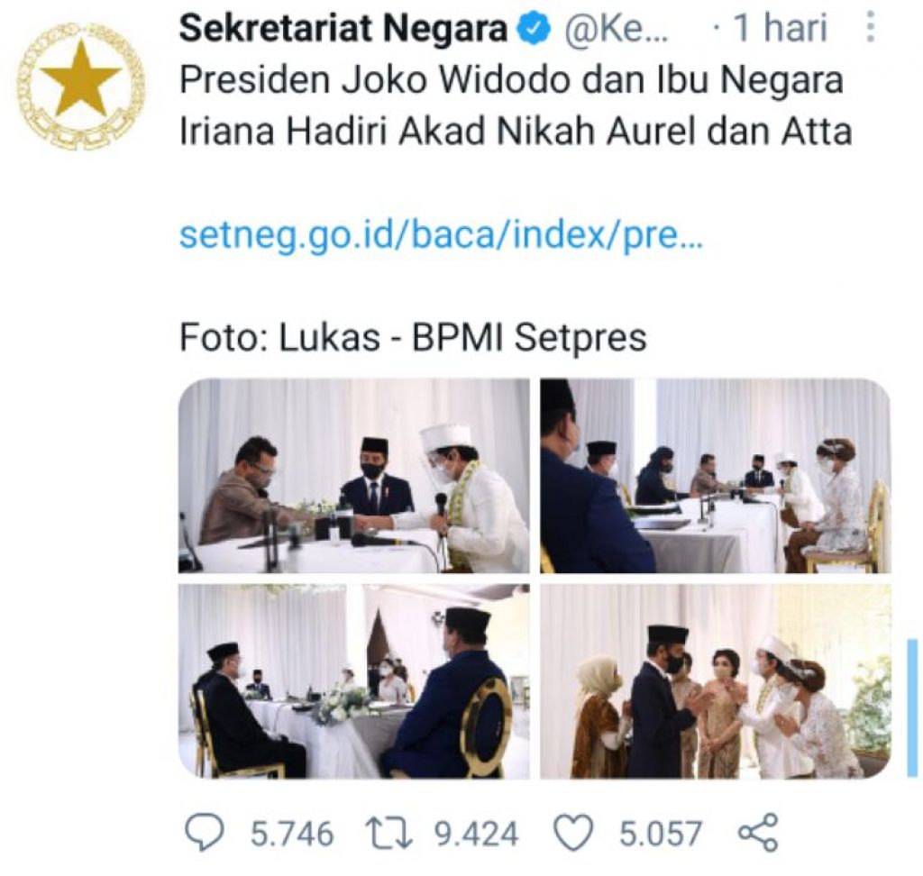 Sekretariat Negara Unggah Foto Nikahan Atta-Aurel, Jadi Trending Topic