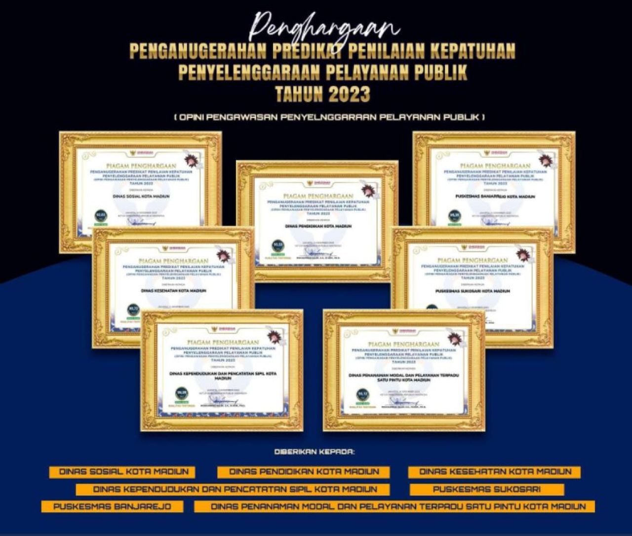 Ombudsman RI memberikan penghargaan kepada lima OPD dan dua fasyankes dilingkup Pemkot Madiun. (Gambar: Madiuntoday)
