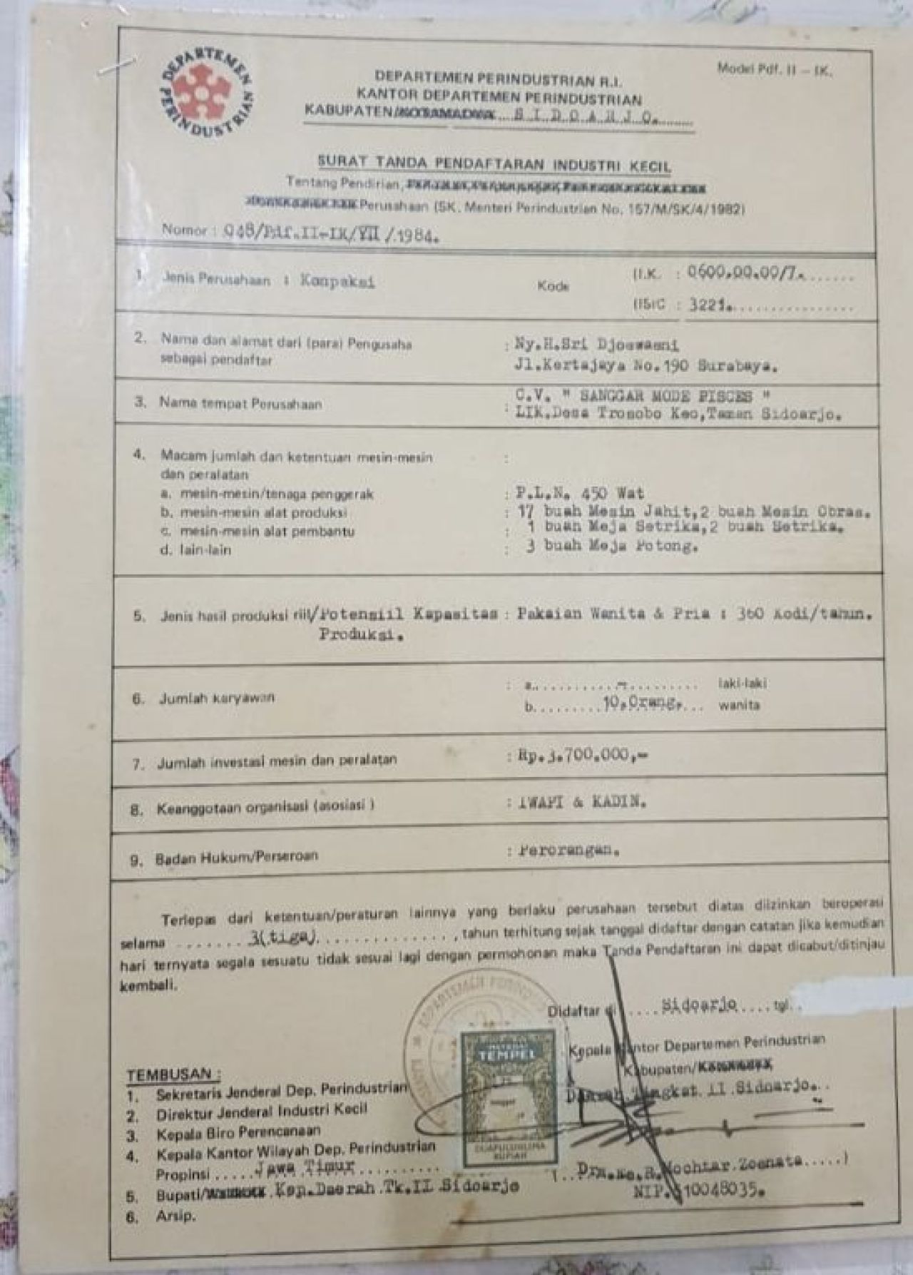 Dokumen pendaftaran pengusaha untuk menempati LIK Trosobo. 