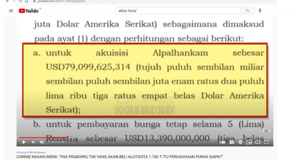 Capture dokumen Anggaran Renstra Khusus 2020-2024 Senilai Rp 1.760 Triliun yang ditampilkan saat diskusi antara Analisis Militer Connie Rahakundini Bakrie dengan Akbar Faisal dalam akun YouTube, Akbar Faisal Uncensored.