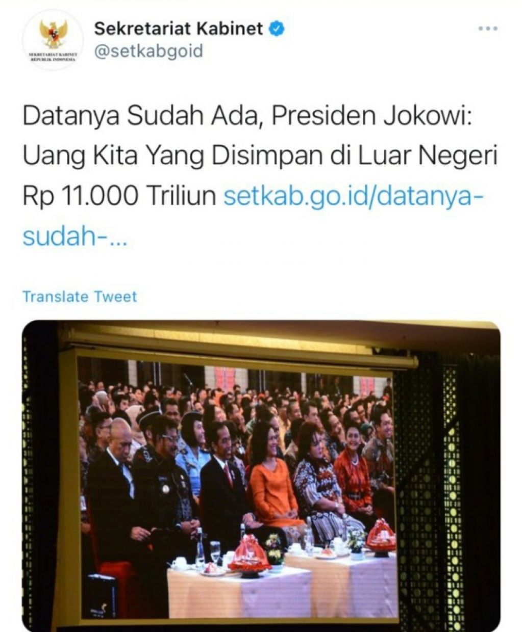 Statemen Jokowi soal Rp 11 T di Twitter Setkab.