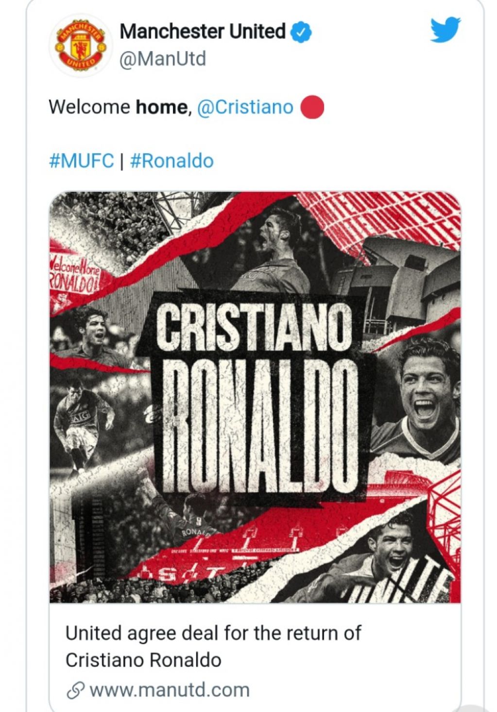 Akun Twitter MU resmi mengumumkan perekrutan Ronaldo.