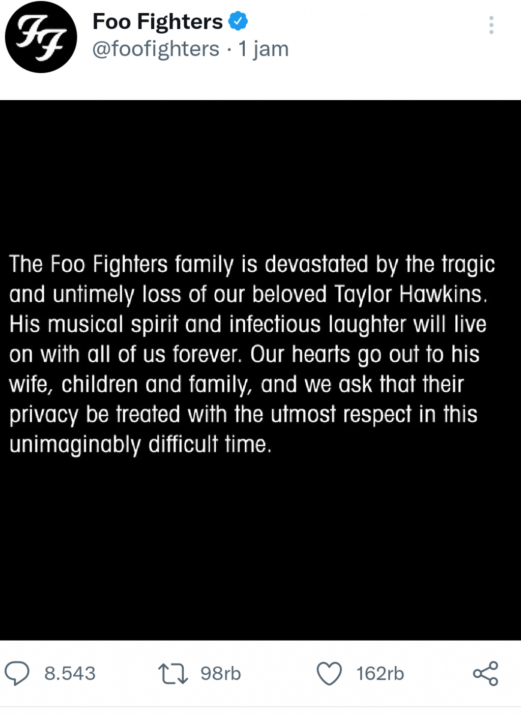 Pernyataan resmi meninggalnya Taylor Hawkins di akun resmi twitter Foo Fighter.